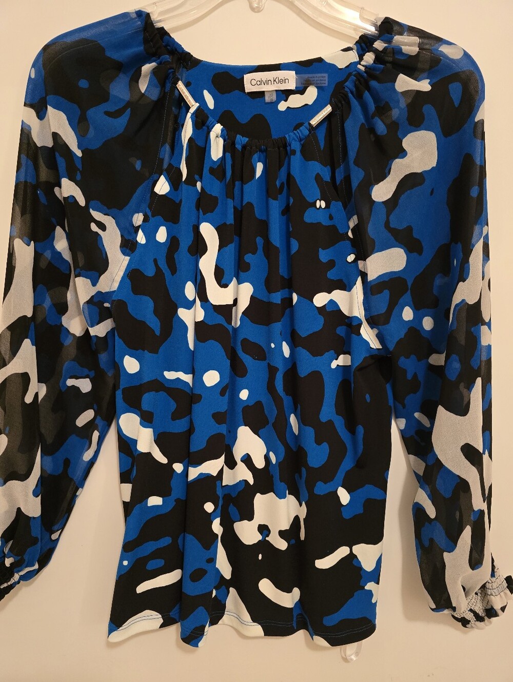 Calvin Klein Blue Black & White Abstract Peasant Blouse